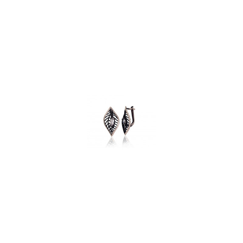 Silver earrings with 'english' lock 2201125(Matt+POx-MattBk)_CZ, Silver 925°, oxide (Plating), Zirkons