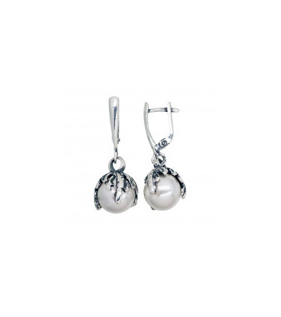 Silver earrings with 'english' lock 2203554(POx-Bk)_PESN, Silver 925°, oxide (Plating), Fresh-water Pearl (synt.)
