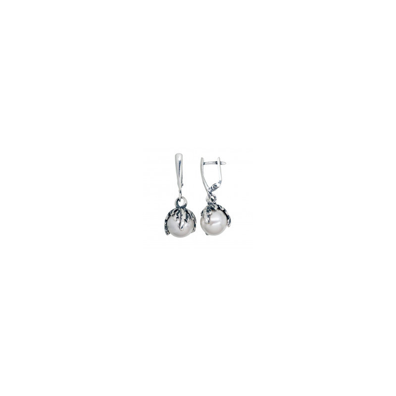 Silver earrings with 'english' lock 2203554(POx-Bk)_PESN, Silver 925°, oxide (Plating), Fresh-water Pearl (synt.)