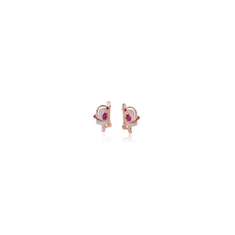 Gold earrings with 'english' lock 1200503(Au-R+PRh-W)_DI+RB, Red Gold 585°, Rhodium (Plating) , Diamonds , Ruby