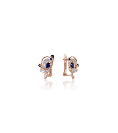 Gold earrings with 'english' lock 1200503(Au-R+PRh-W)_DI+SA, Red Gold 585°, Rhodium (Plating) , Diamonds , Sapphire