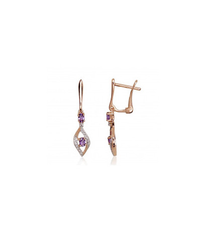 Gold earrings with 'english' lock 1200972(Au-R+PRh-W)_DI+AM, Red Gold 585°, Rhodium (Plating) , Diamonds , Amethyst
