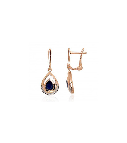 Gold earrings with 'english' lock 1200977(Au-R+PRh-W)_DI+SA, Red Gold 585°, Rhodium (Plating) , Diamonds , Sapphire