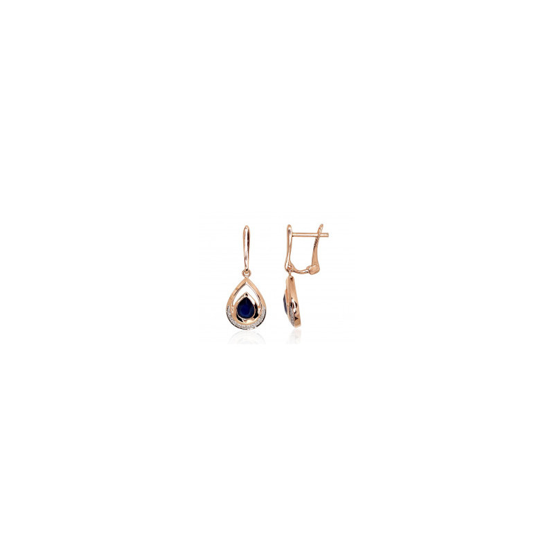 Gold earrings with 'english' lock 1200977(Au-R+PRh-W)_DI+SA, Red Gold 585°, Rhodium (Plating) , Diamonds , Sapphire
