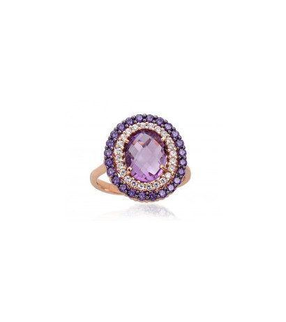 Gold ring 1100964(Au-R+PRh-Bk)_CZ+CZ-V+AM, Red Gold 585°, Rhodium (Plating) , Zirkons , Amethyst