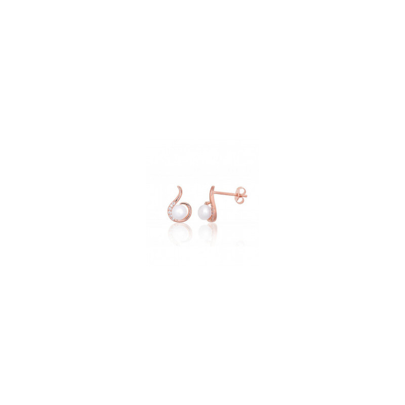 Silver stud earrings 2203836(PAu-R)_CZ+PE, Silver 925°, red gold (Plating), Zirkons , Fresh-water Pearl