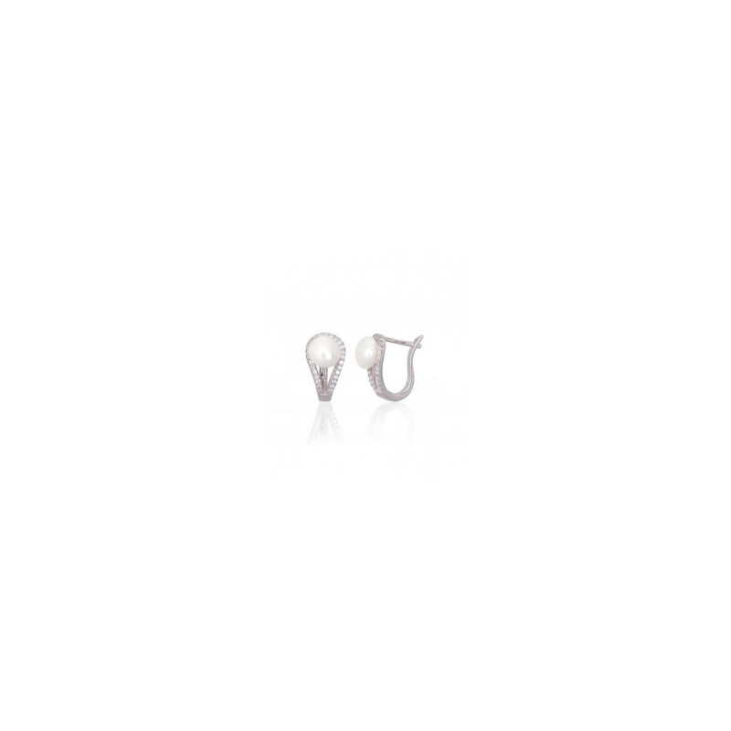 Silver earrings with 'english' lock 2203846(PRh-Gr)_CZ+PE, Silver 925°, Rhodium (Plating), Zirkons , Fresh-water Pearl