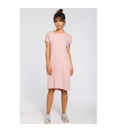 B050 Luźna sukienka midi z kieszeniami - pudrowa