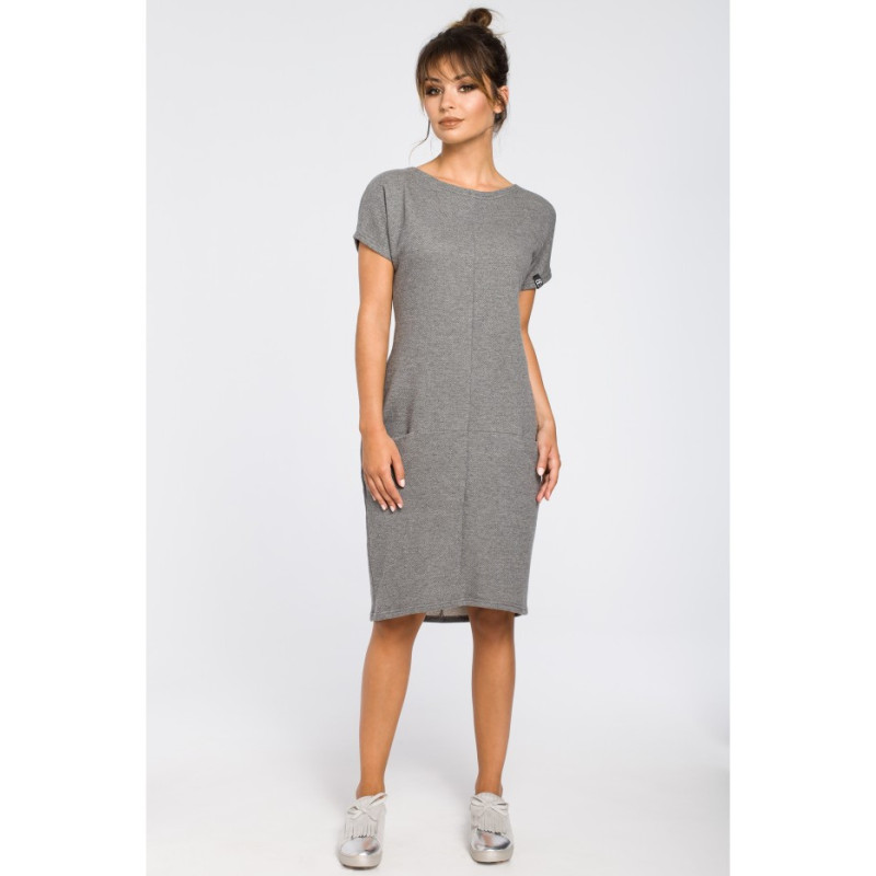 B050 Luźna sukienka midi z kieszeniami - szara