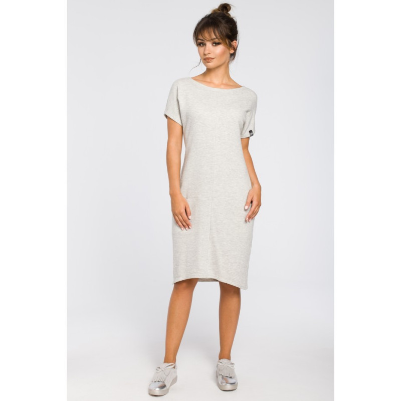 B050 Luźna sukienka midi z kieszeniami - popielata