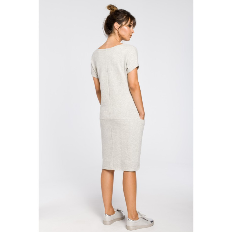 B050 Luźna sukienka midi z kieszeniami - popielata