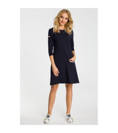 M343 Trapezowa sukienka z kieszenią - granatowa