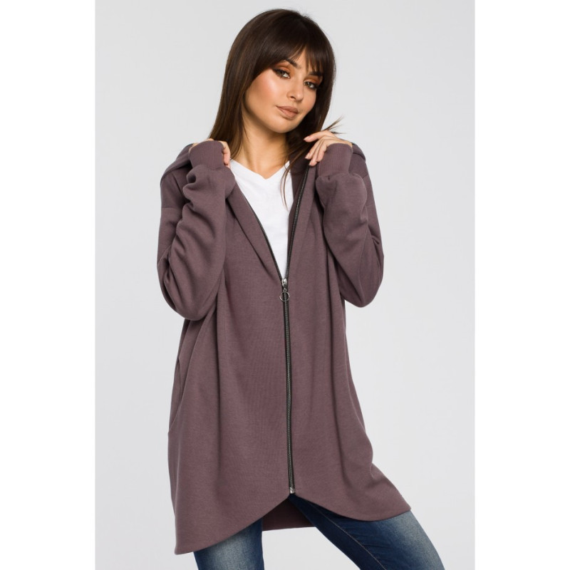B054 Długa zasuwana bluza z kapturem - brązowa