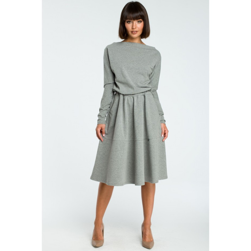 B087 Rozkloszowana sukienka z długim rękawem - szara