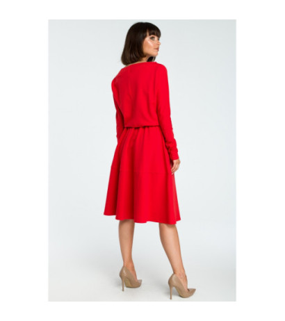 B087 Rozkloszowana sukienka z długim rękawem - czerwona