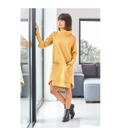 B089 Sukienka z golfem i ściągaczem - żółta