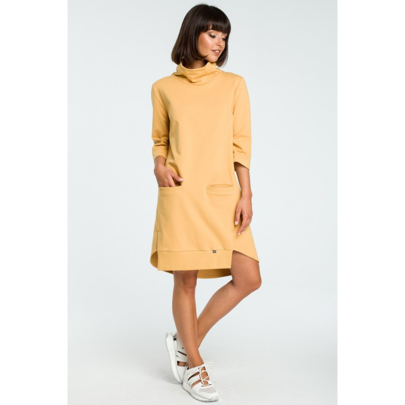 B089 Sukienka z golfem i ściągaczem - żółta