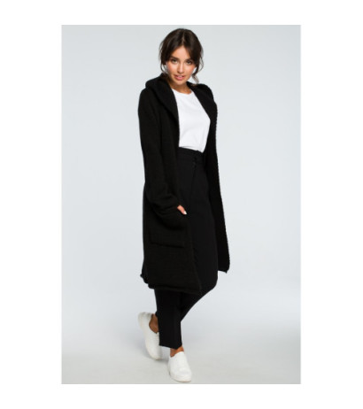 BK016 Długi niezapinany kardigan z kieszeniami - czarny