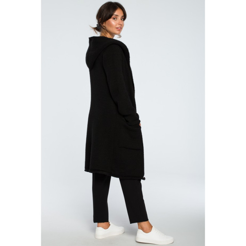 BK016 Długi niezapinany kardigan z kieszeniami - czarny