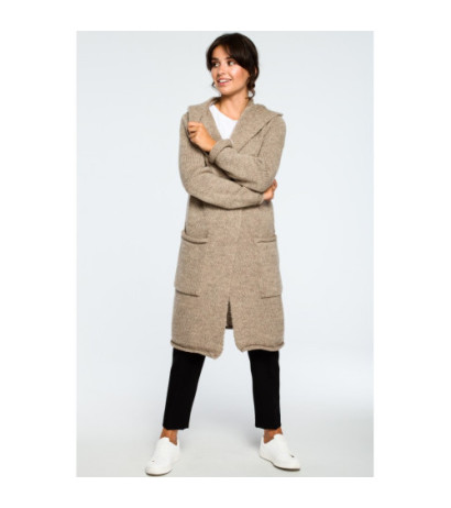 BK016 Długi niezapinany kardigan z kieszeniami - jasnobrązowy