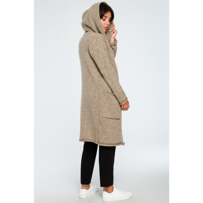 BK016 Długi niezapinany kardigan z kieszeniami - jasnobrązowy