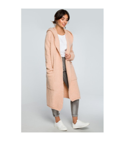 BK016 Długi niezapinany kardigan z kieszeniami - bladoróżowy