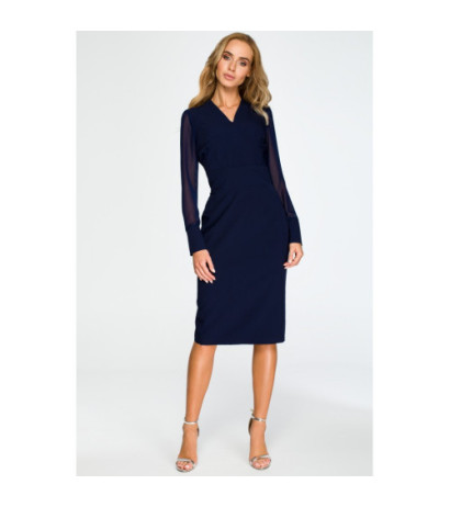 S136 Ołówkowa sukienka z szyfonowymi rękawami - granatowa