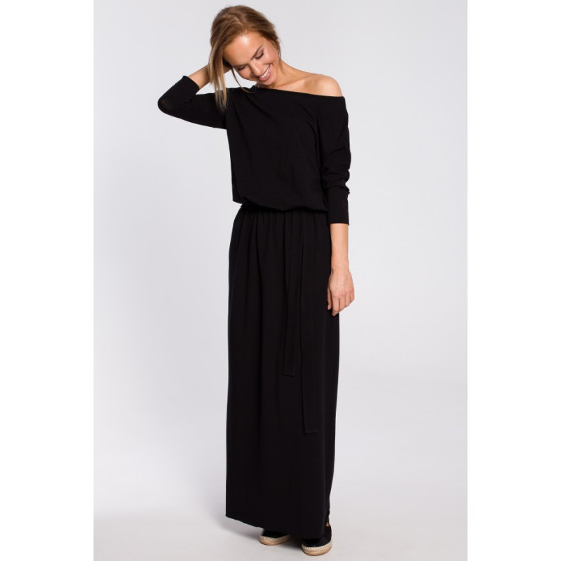 M435 Bawełniana sukienka maxi z paskiem w talii - czarna