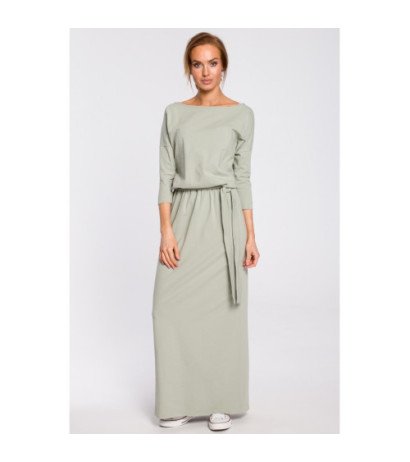 M435 Bawełniana sukienka maxi z paskiem w talii - pistacjowa