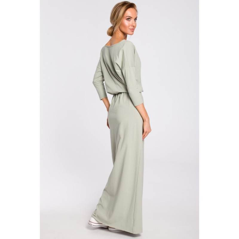 M435 Bawełniana sukienka maxi z paskiem w talii - pistacjowa
