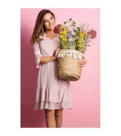 S160 Sukienka szyfonowa z falbanami - pudrowa