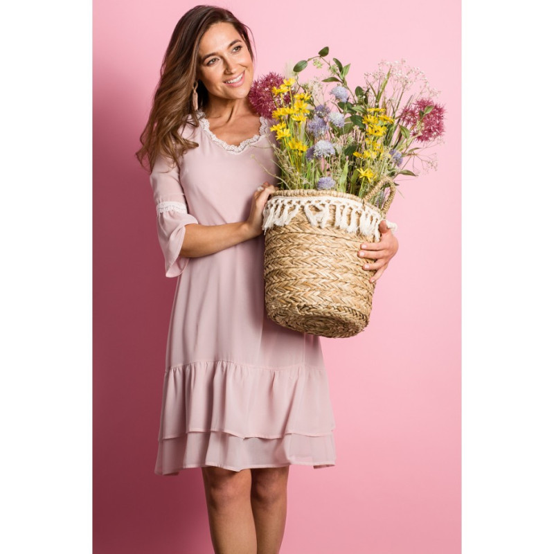 S160 Sukienka szyfonowa z falbanami - pudrowa