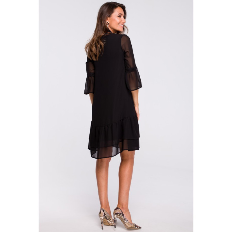 S160 Sukienka szyfonowa z falbanami - czarna