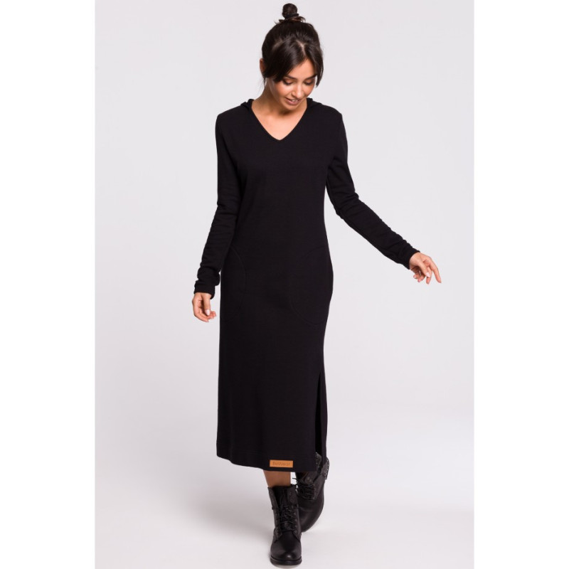 B128 Sukienka maxi z kapturem - czarna