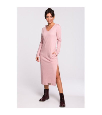 B128 Sukienka maxi z kapturem - pudrowa