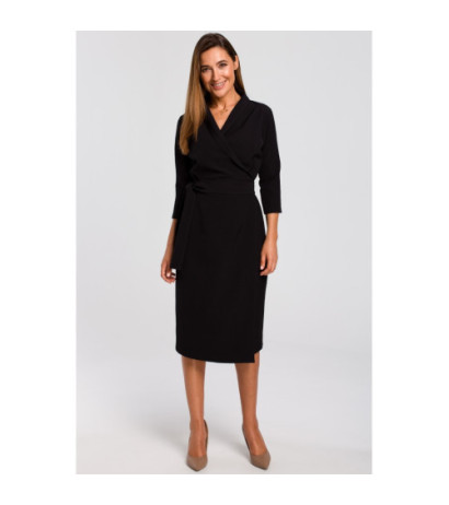 S175 Kopertowa sukienka z paskiem w talii - czarna