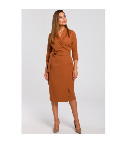 S175 Kopertowa sukienka z paskiem w talii - ruda