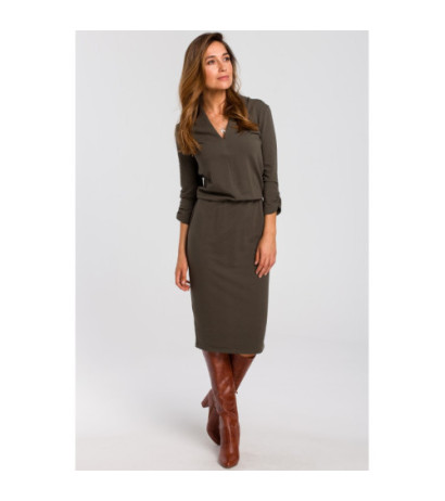 S194 Sukienka dzianinowa z dekoltem - oliwkowa