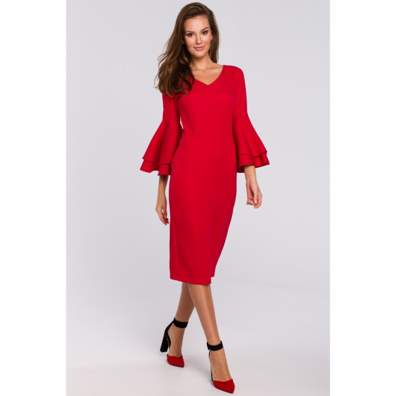 K002 Sukienka z falbanami przy rękawach - czerwona