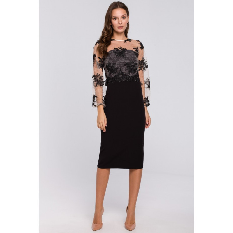 K013 Sukienka ołówkowa z koronkową górą - czarna