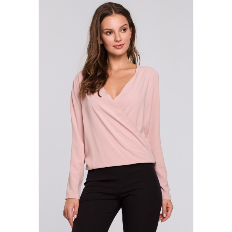 K037 Bluzka kopertowa z długim rękawem - pudrowa