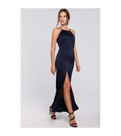 K042 Długa sukienka z rozcięciem na udzie - granatowa