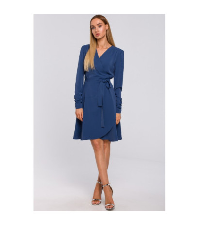 M487 Sukienka na zakładkę wiązana w pasie - niebieska