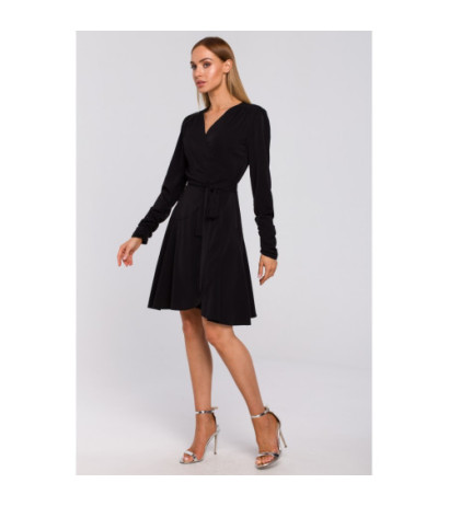 M487 Sukienka na zakładkę wiązana w pasie - czarna
