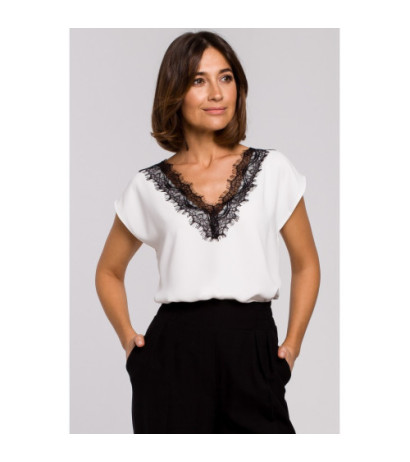 S206 Bluzka bez rękawów z dekoltem wykończonym koronką - ecru