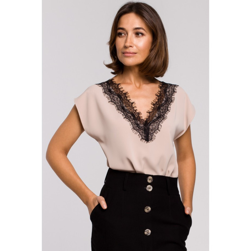 S206 Bluzka bez rękawów z dekoltem wykończonym koronką - beżowa