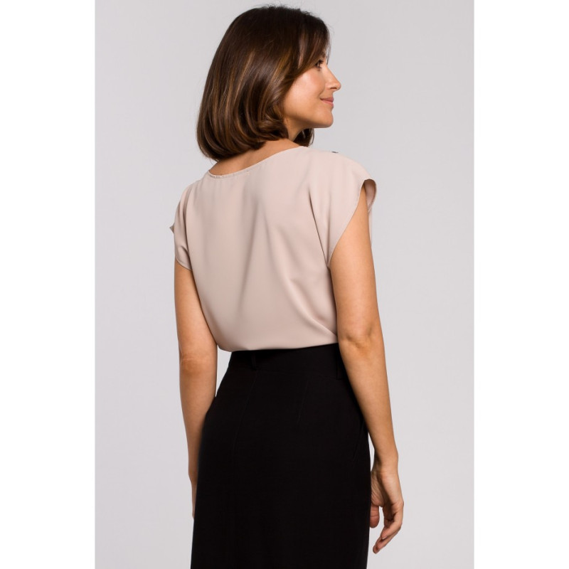 S206 Bluzka bez rękawów z dekoltem wykończonym koronką - beżowa