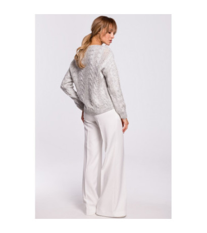 M510 Ażurowy sweter z dekoltem w serek - szary