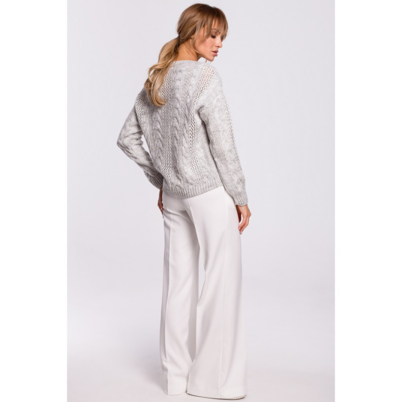 M510 Ażurowy sweter z dekoltem w serek - szary