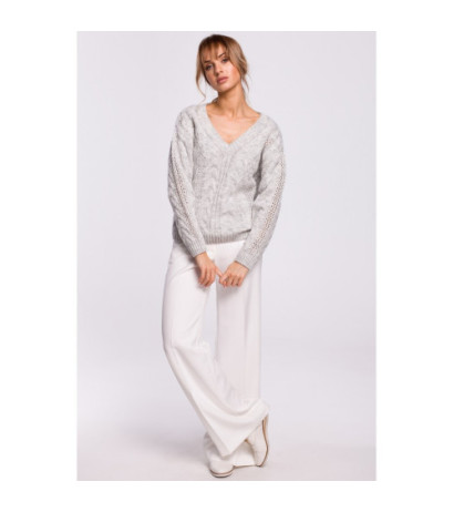 M510 Ażurowy sweter z dekoltem w serek - szary